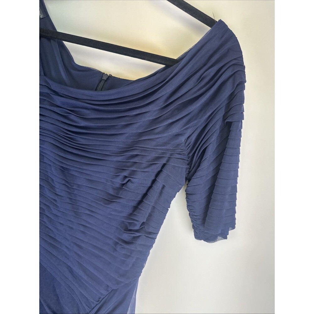 Tadashi Shoji Asymmetric Ruched Sleeve Gown Navy Chiffon Fitted Mermaid Large - Picture 5 of 16